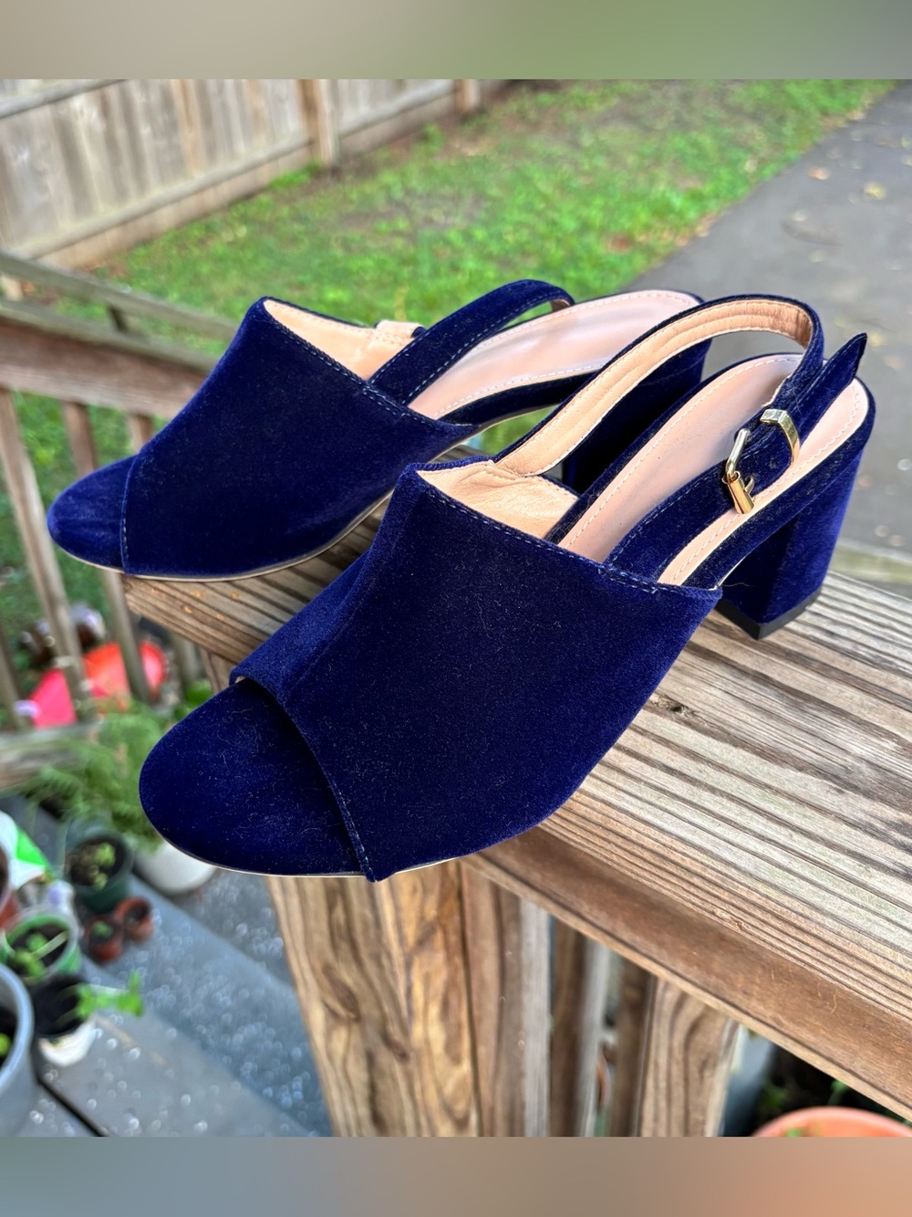 Nine West Navy Velvet Open-Toe Slingback Block Heels